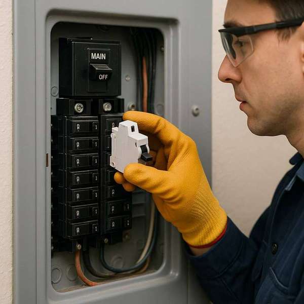 Electrician working inside an electrical breaker panel